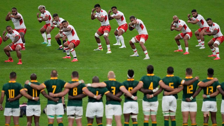 Tonga's players perform the Sipi Tau ahead of facing South Africa 