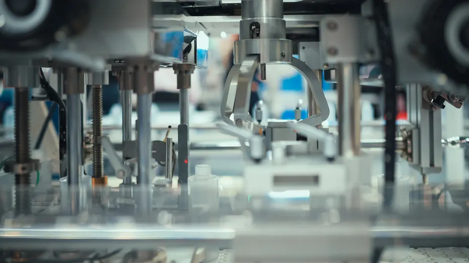 Close-up of a robotic arm or automated system precisely manipulating tiny components,