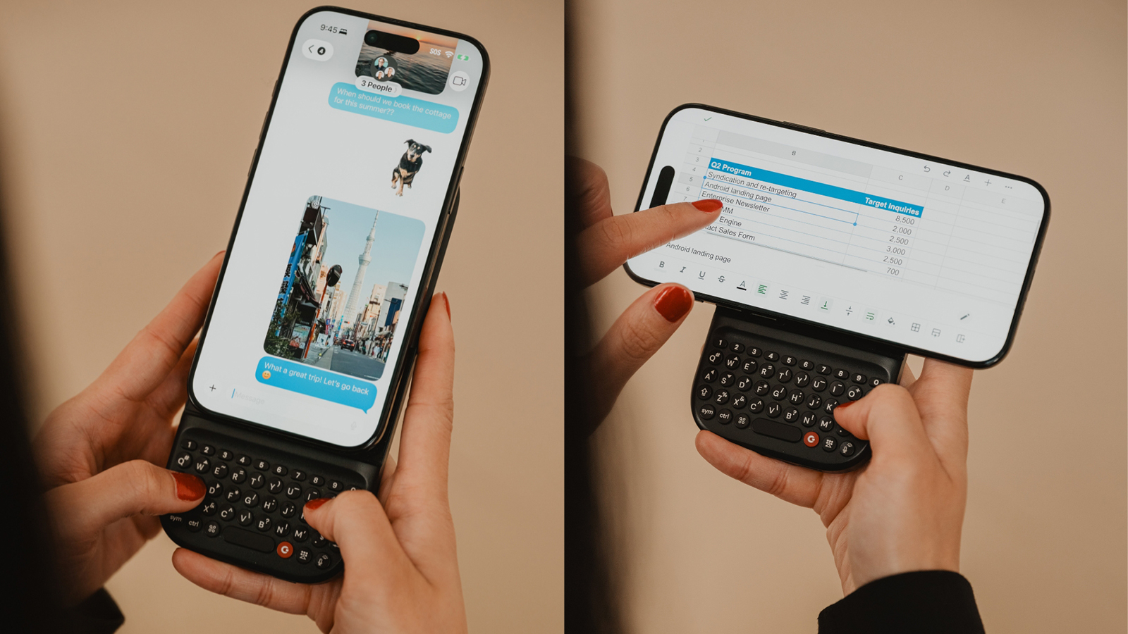 The Clicks Power Keyboard attached to the phone vertically on the left and horizontally on the right