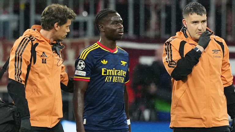 Bukayo Saka limps off early on in Arsenal's Champions League tie at Bayern Munich