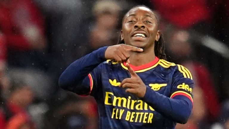 Eberechi Eze celebrates his opening goal for Arsenal at Bayern Munich