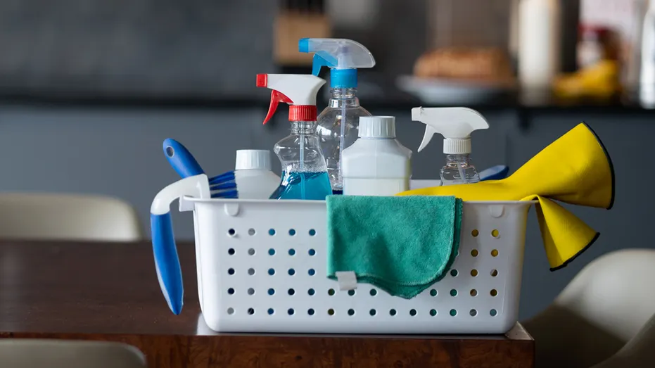 Close-up on a basket of cleaning products at a house