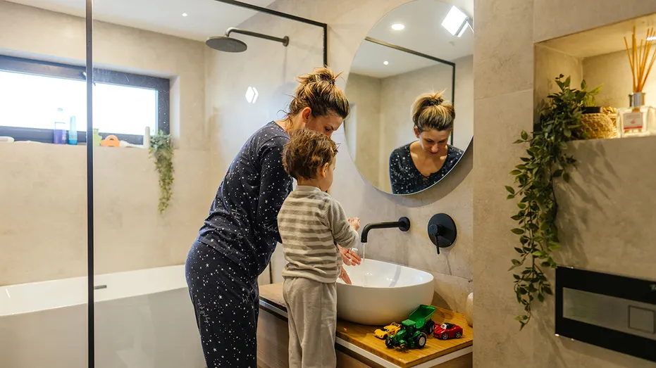 Mom son bathroom routine
