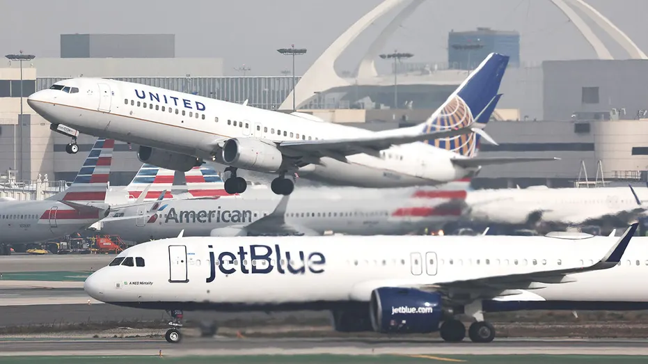 LOS ANGELES, CALIFORNIA - JANUARY 03: A JetBlue plane taxis after landing as a United plane takes off at Los Angeles International Airport (LAX) on January 03, 2025 in Los Angeles, California. JetBlue has been fined $2 million by the Department of Transportation for ‘operating multiple chronically delayed flights’ which marks the first time an airline has received such a penalty. (Photo by Mario Tama/Getty Images)