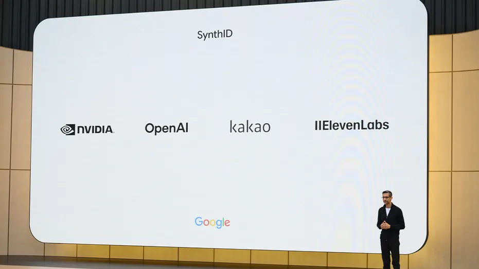Google CEO Sundar Pichai onstage during a presentation featuring AI technology partners