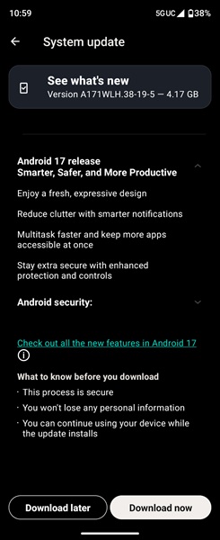 The changelog for the Moto Razr Ultra 2026's Android 17 update.