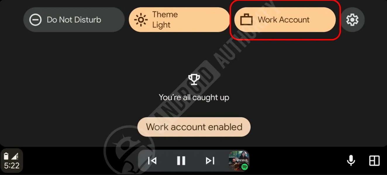 A leaked screenshot of "Work Account" in Android Auto's quick settings, which would support a user's work profile from their Android phone in their car.