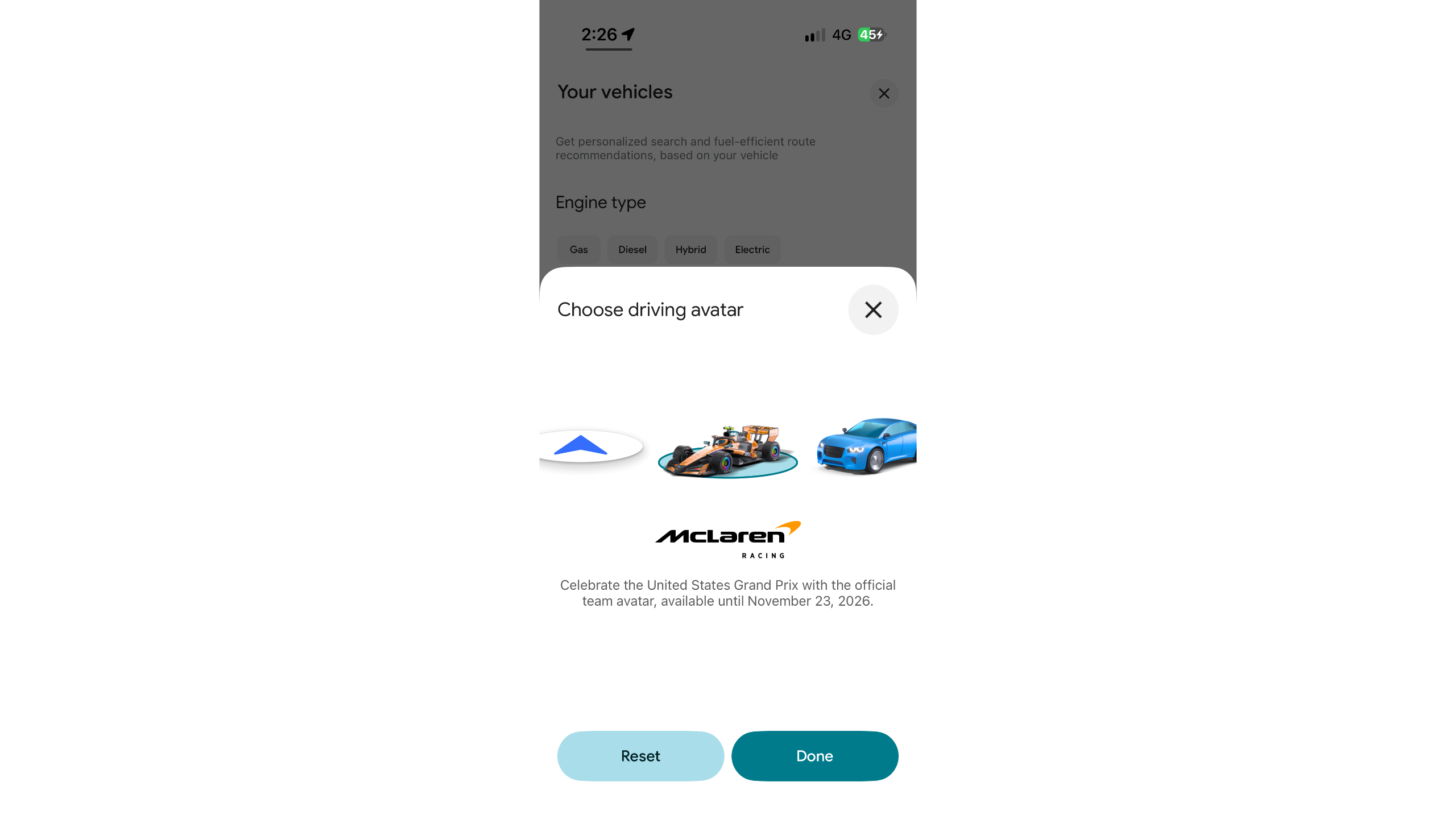 McLaren driving avatar in the Google Maps app
