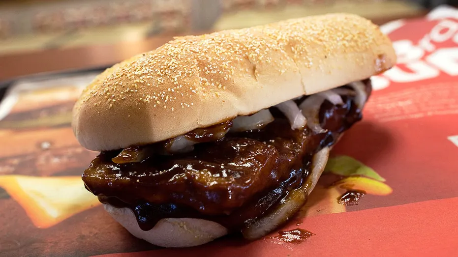 A McRib is seen at a McDonald's restaurant.