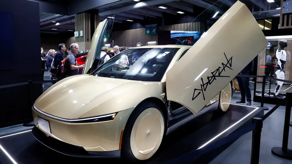A Tesla Cybercab autonomous driverless vehicle on display at the 2026 Paris Motor Show in Paris, France, October 13, 2026.