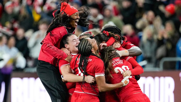 Canada players celebrate after their win over England in Toronto